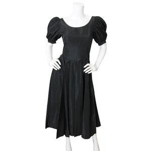 Laura Ashley Vintage Black Taffeta Puff Sleeve Midi Dress